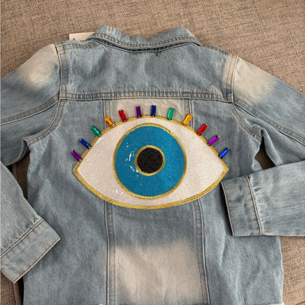 NWT! Lola + The Boys Blue Denim Jacket with Colorful Eye Design